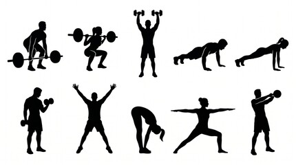 Fototapeta premium Black silhouettes of diverse athletes performing various gym workout and fitness exercises, concept for health promotion, professional physical training and weight loss motivation