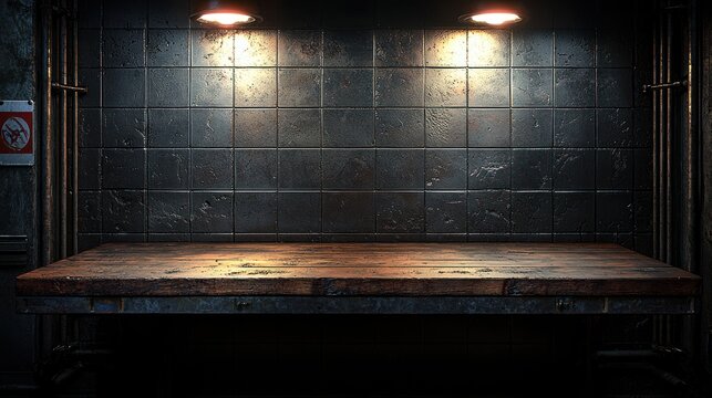 Industrial-style wooden table backdrop, dark room, product display