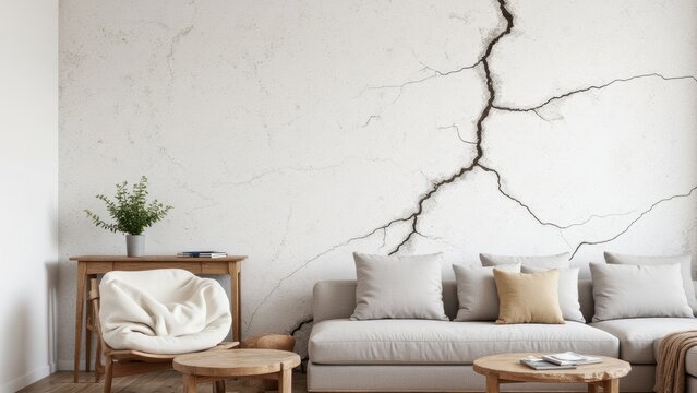 A damaged concrete wall with an artistic crack pattern, serving as a modern backdrop for home interiors.