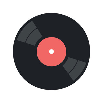 Black vinyl record with a red center and gray accents spins on a white background