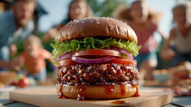 Ein appetitlicher Burger mit Salat, Tomaten und roten Zwiebeln auf einem Holztisch, im Hintergrund Menschen im Freien.