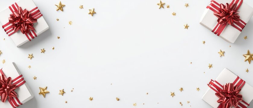 White gift boxes with red ribbon bows scattered with gold stars