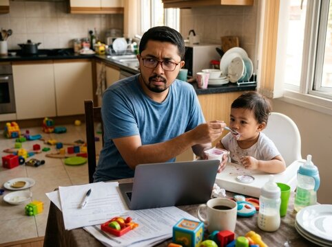 work-from-home scene of a freelancer multitasking: working on a laptop at a kitchen table while spoon-feeding a toddler
