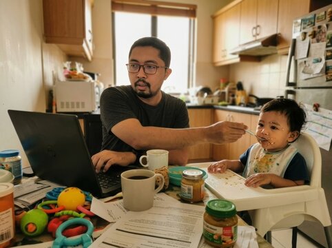 work-from-home scene of a freelancer multitasking: working on a laptop at a kitchen table while spoon-feeding a toddler