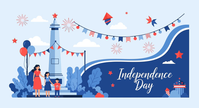 Festive Independence Day celebration in a vibrant park with family enjoying patriotic decor