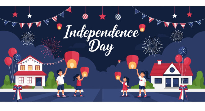 Celebration of Independence Day with Fireworks and Balloon Decor in a Festive Night Scene