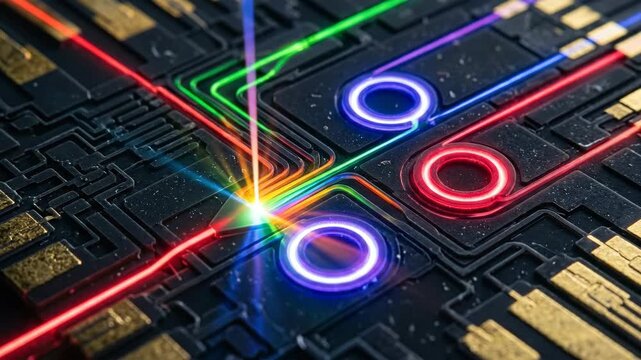 Photonic Integrated Circuit: Light Beams Routing Through Silicon Waveguide Network, Rainbow Spectrum
