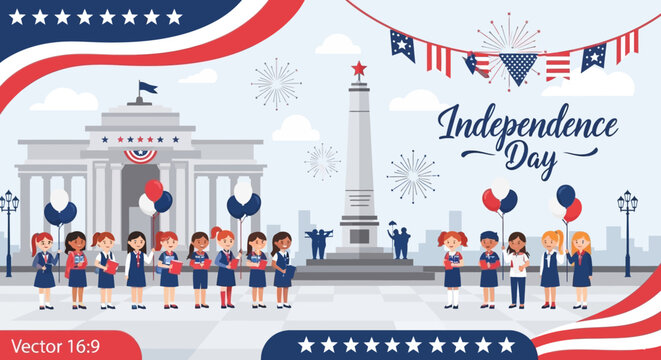 Children celebrating Independence Day in front of a historic monument during daytime patriotic event with flags and fireworks