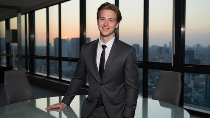 Fototapeta premium Smiling young professional in office, dressed in formal suit and tie.