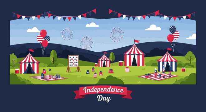 Colorful festive outdoor celebration of independence day with flags balloons and fireworks in a lively park scene