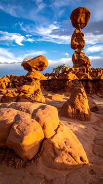 Balanced sandstone hoodoos under a vibrant, cloudy sky