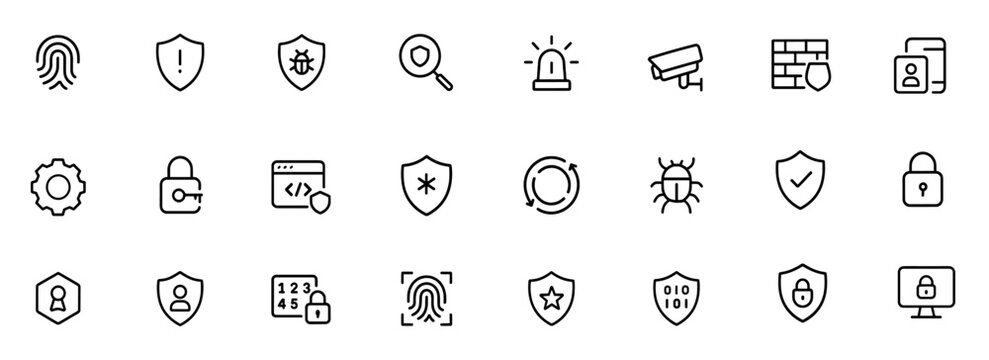 Security shield icon set, data protection, encryption, password lock, cybersecurity network, firewall defense, access control, biometric fingerprint, threat detection, vector illustration.