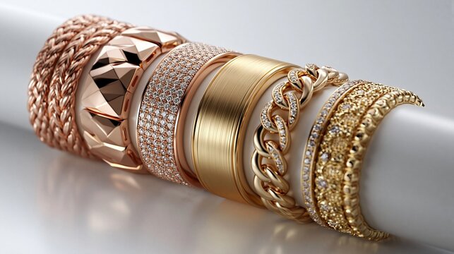 Mehrere goldene und ros&eacute;goldene Armb&auml;nder und Kettenarmb&auml;nder liegen nebeneinander auf wei&szlig;em Hintergrund.
