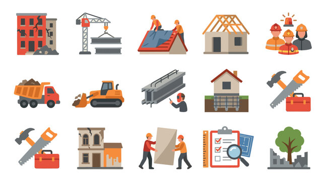 A collection of flat design icons depicting various aspects of construction, including building damage, heavy machinery, workers, safety equipment, and blueprints.