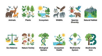 Fototapeta premium A collection of flat design icons illustrating various aspects of nature including animals, plants, ecosystems, wildlife, biodiversity, and natural habitats.