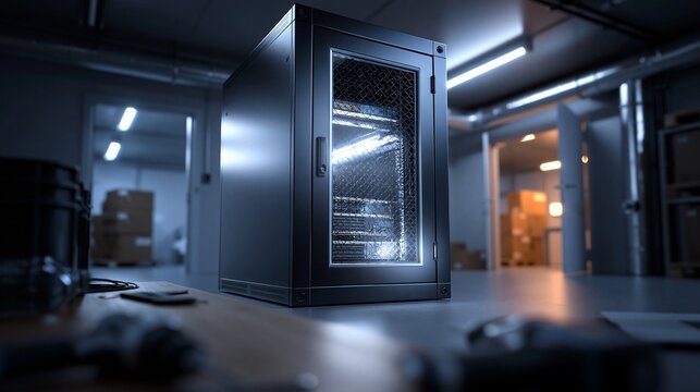 Moderner Serverschrank mit leuchtenden LEDs steht in einem dunklen Serverraum.