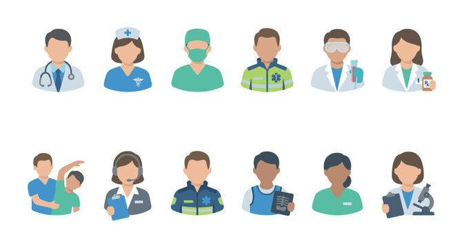 A collection of diverse medical and healthcare professional icons, featuring doctors, nurses, paramedics, and scientists in a clean, flat design.