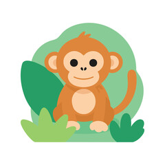 Obraz premium Cartoon monkey sits among the grass and leaves in a jungle setting on a white background