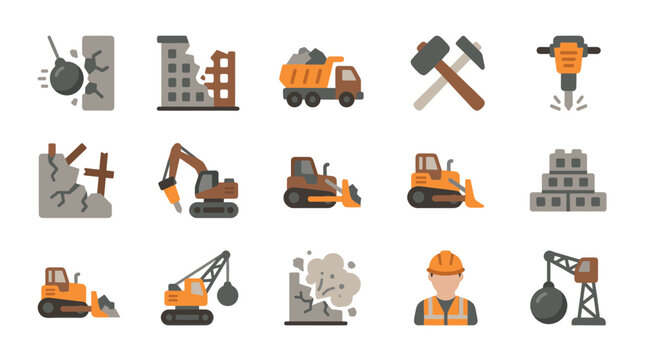 A collection of flat design icons representing demolition and construction equipment, including wrecking balls, excavators, dump trucks, and construction workers.