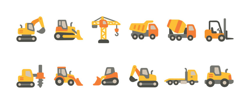 A collection of colorful, flat design icons representing various construction vehicles, perfect for children's books, educational materials, and construction-themed projects.