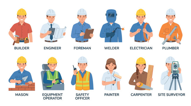 Collection of male and female construction workers in various professions depicted with simple flat illustrations on a white background, representing building trades.