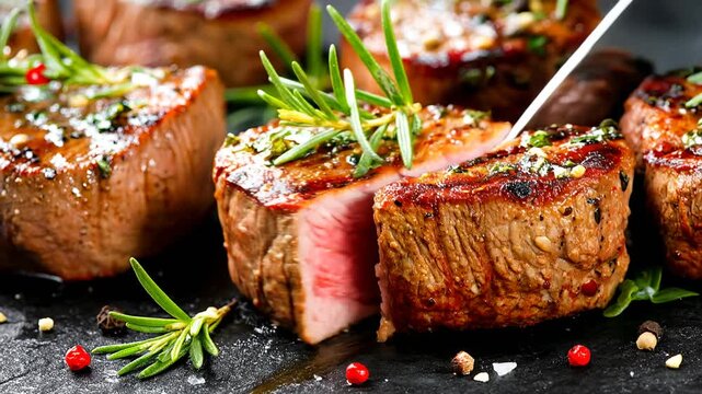 Knife slicing through a juicy steak on a dark plate with herbs Generative AI