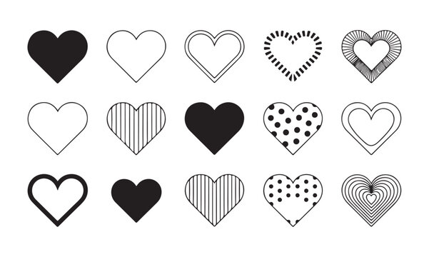 Set of fifteen diverse heart shapes in linear and filled style for decorative graphic design projects.