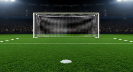 Fototapeta premium Empty soccer goal on professional stadium grass field at night with football competition professional lighting stadiums championship sporting grassland