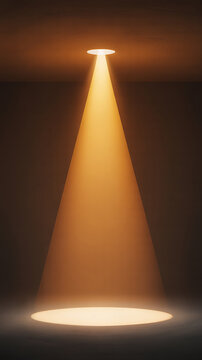 A bright yellow spotlight shines down from the ceiling onto the floor in a dark room with a circular beam of light