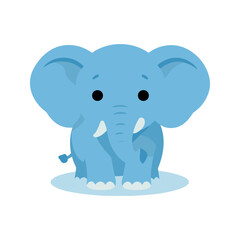 Fototapeta premium A light blue baby elephant is depicted standing on a shadow, featuring large ears and small, round black eyes, in a vector illustration.