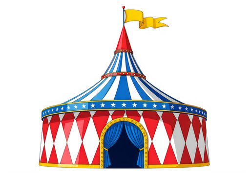 Colorful circus tent with red, white, and blue stripes, and yellow flags, isolated on transparent background