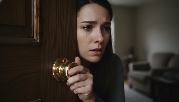 Distressed young woman closing door with tears on face in a dark room representing a domestic abuse or relationship grief concept for mental health awareness