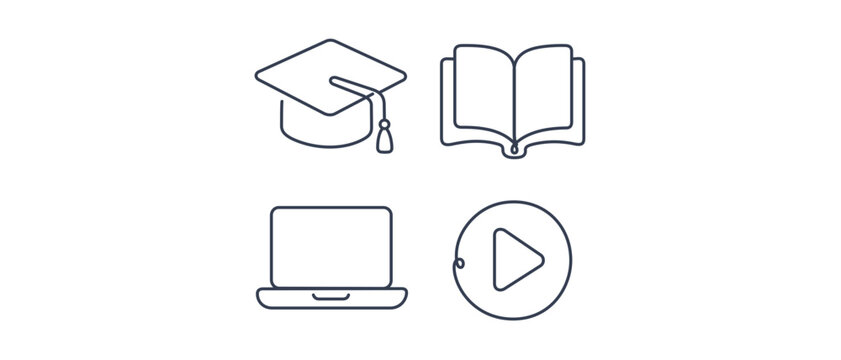Professional e-learning and online education vector icon set collection of 4 minimalist line art symbols featuring a graduation cap, open book, laptop computer, and video play button icon.