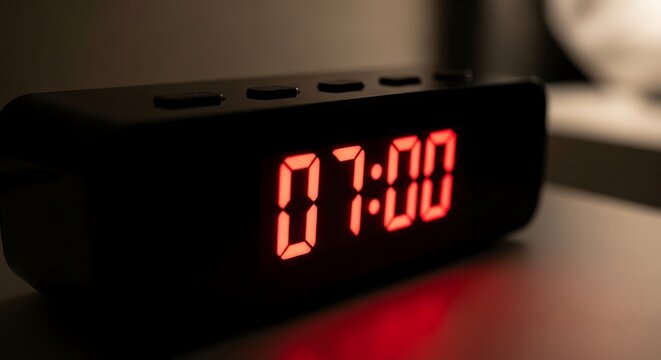 Digital alarm clock showing 7am.