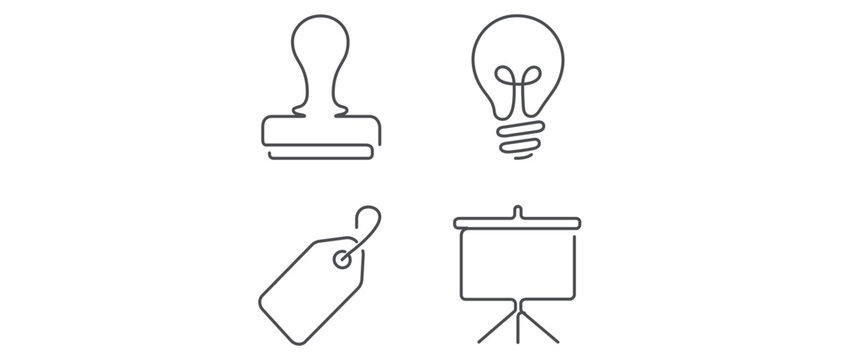 Vector icon set collection of 4 minimalist line art icons for business operations and HR featuring a rubber stamp for branding, a lightbulb for ideas, a price tag, and a presentation board.