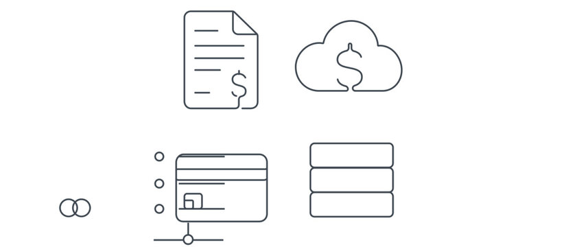Scalable vector icon set collection of 4 minimalist line icons for SaaS billing and financial technology featuring an invoice document, cloud with dollar sign, credit card, and server rack data.