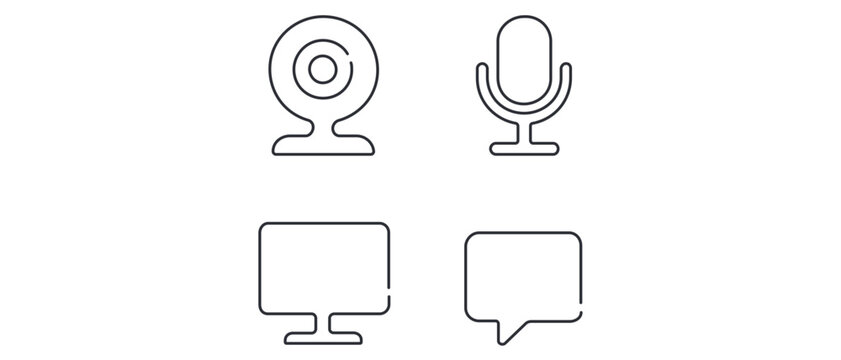 Vector icon set collection of 4 minimalist line icons for video conferencing and digital communication featuring a webcam, microphone, computer monitor screen, and chat bubble for remote work.