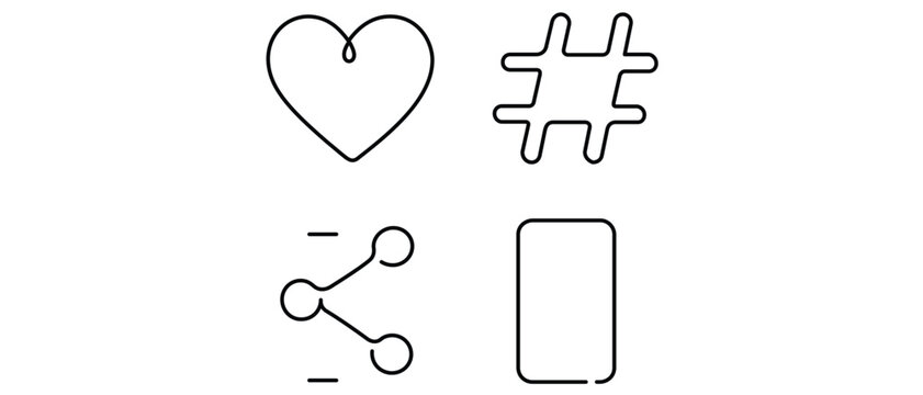 Social media marketing vector icon set featuring four minimalist line art designs including a heart for likes, a hashtag symbol, a share node network, and a smartphone mobile device icon.