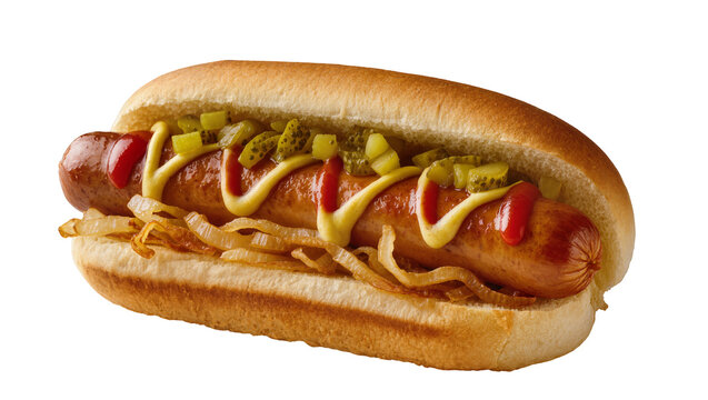 Loaded Hotdog with Ketchup Mustard Relish and Onions in Bun