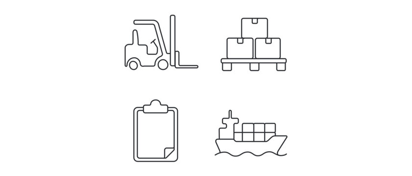 Logistics and Supply Chain Editable Stroke Vector Icon Set. Collection of 4 Minimalist Line Icons including Forklift, Pallet with Boxes, Clipboard, and Cargo Ship for Shipping and Warehouse.