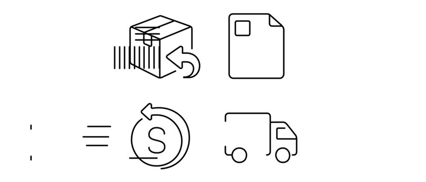 E-commerce Returns and Logistics Vector Icon Set featuring 4 Minimalist Line Icons: Cardboard Box with Return Arrow, Shipping Label, Refund Coin, and Delivery Truck. Editable Stroke Collection.