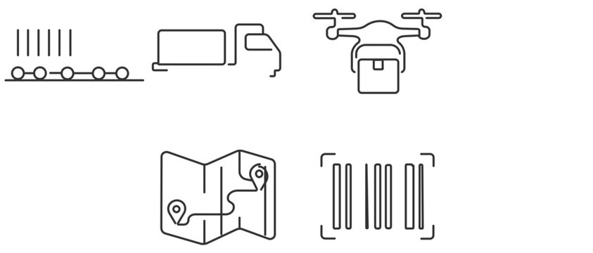 Logistics and supply chain vector icon set with 4 line icons including a cargo truck, delivery drone carrying a package, map with route navigation, and a barcode scanner for distribution.