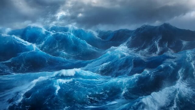 Slow motion tracking pan of ocean waves surging and crashing across open deep sea under stormy sky at twilight