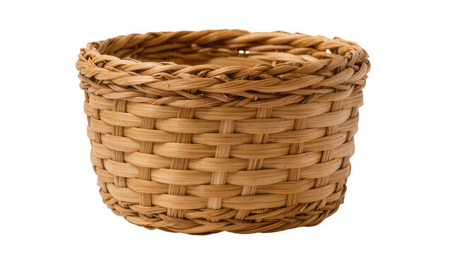 Round woven wicker basket with natural straw texture and rim