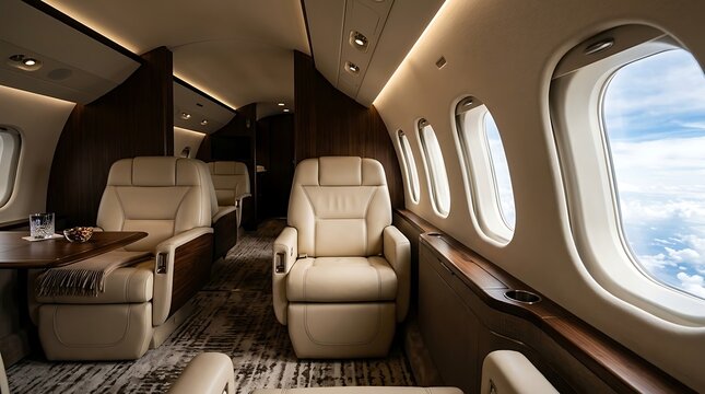 Luxury private jet interior with comfortable leather seats and large windows offering a view of the sky and clouds during flight