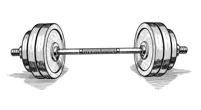 Hand-drawn illustration of a barbell with weight plates, vintage sketch style