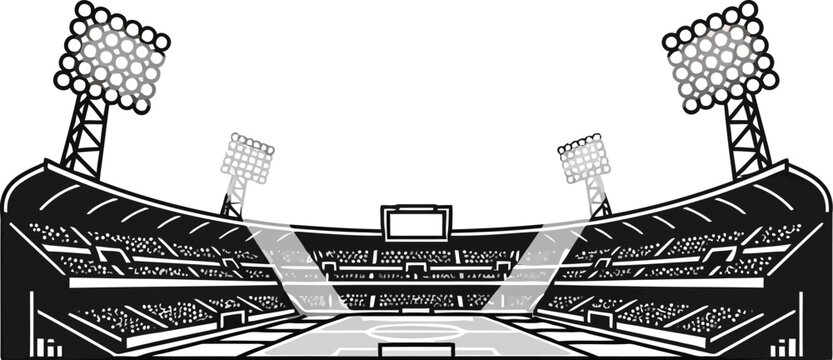 Illuminated stadium under night sky with floodlights on isolated on transparent background