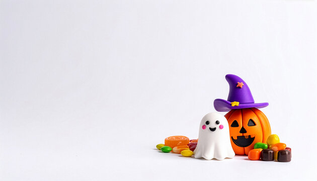 お化けとカボチャのフィギュアを添えたハロウィンの飾り