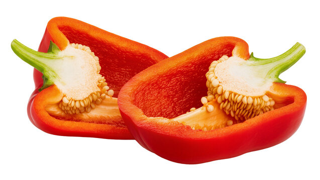 Halved Red Orange Bell Peppers with Seeds and Green Stems