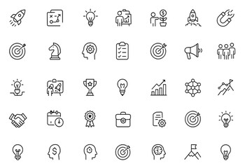 Startup icon set, editable stroke, vector illustration of innovation, business plan, entrepreneurship, funding, investment, launch, investor, marketing, teamwork, prototype, creativity © Senoara Studio